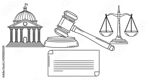 black white line drawing courthouse scales justice gavel legal document