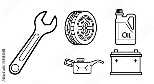 black and white line drawing of car ps including wrench tires oil bottle battery