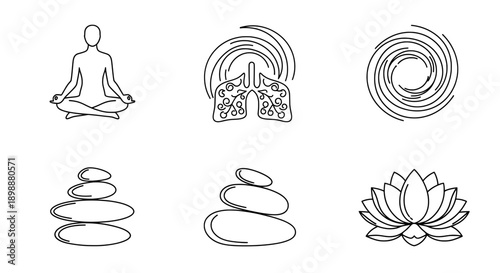 Line drawings of meditation symbols including lotus position lungs spiral stacked stones