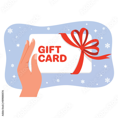 Hand with gift card cartoon flat vector illustration showing character holding discount coupon or voucher for interest loyalty program special offer marketing advertising and promotion of goods