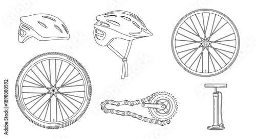 Minimalist black and white line drawing of bicycle helmet wheels and pump