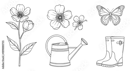 black white line drawings flowers gardening tools butterfly boots watering can