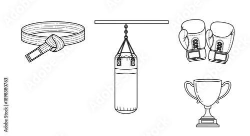 boxing equipment line drawing with belt gloves punching bag trophy