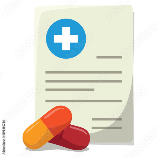 Healthcare concept vector illustration with medical prescription form and two pills representing treatment medication pharmacy and health care