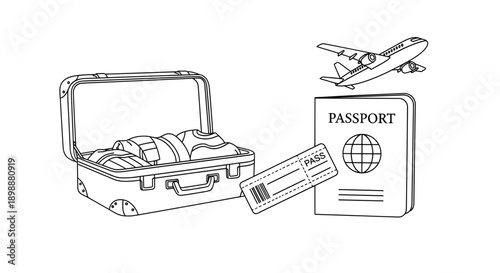 black and white line drawing of suitcase passport airplane travel items
