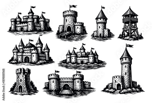 Engraved medieval castle and tower set featuring historic fortresses and watchtowers for fantasy or game design