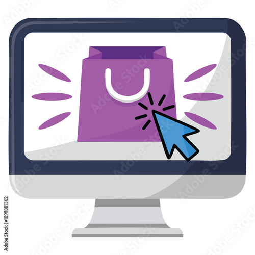 Icon of online shopping showing handbag inside monitor symbolizing ecommerce digital buying retail service and virtual store concept for business web and app design visuals