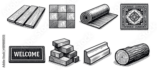 Engraving style hand drawn home improvement objects set featuring wooden planks, floor tiles, various rugs, and construction wood elements for interior design and building