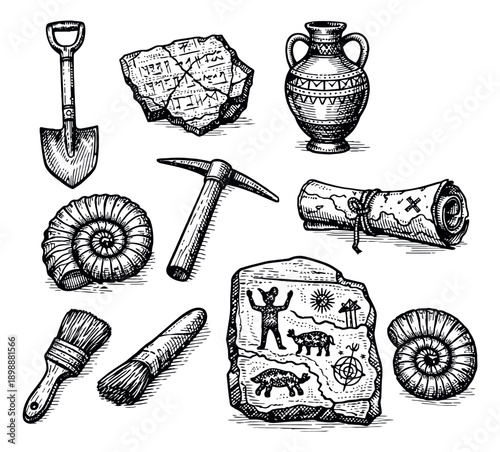 Hand drawn line art archaeology set featuring digging tools, ancient artifacts and fossils for historical research and exploration
