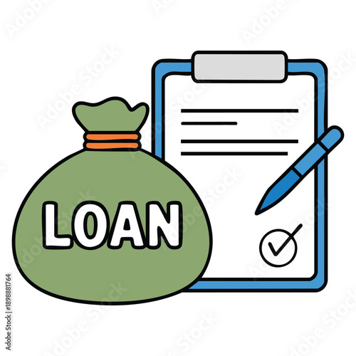Illustration of money bag labeled loan and signed document symbolizing loan approval financial agreement concept ideal for banking credit business and finance visuals
