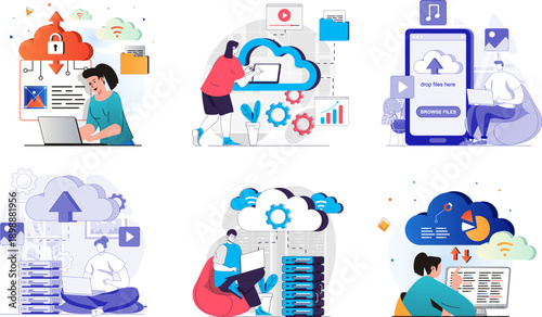 Cloud Computing and Data Storage Vector Set 6 Scenes with Secure Storage, Server Management and Mobile Upload Concepts