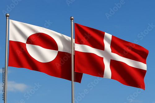 Flags of Denmark and Greenland together in sky