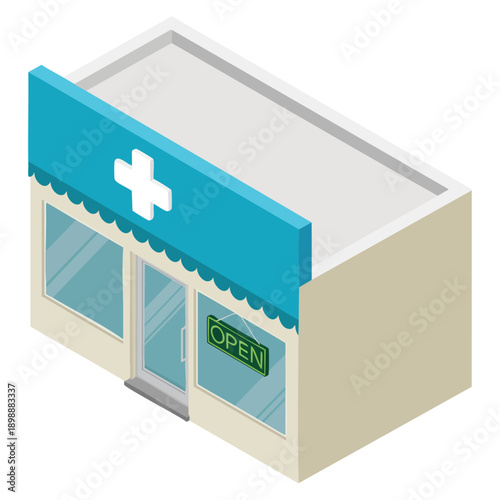Isometric vector illustration of pharmacy store office icon isolated on white background suitable for healthcare medical retail and pharmacy service visuals