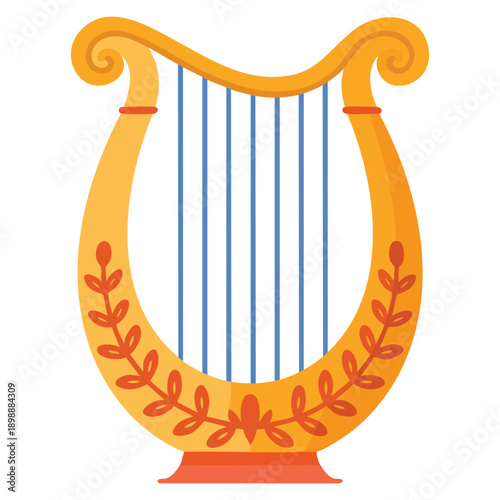 Lovely antique Greek lyre with leaves decoration classical musical string instrument from ancient Greece hand drawn cartoon symbol of theater culture opera orchestra mythology god Apollo