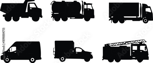 Delivery and Transport Vehicle Silhouettes Set with Trucks, Vans and Buses, Logistics Fleet, Cargo Transportation, Commercial Vehicle Vector Illustration