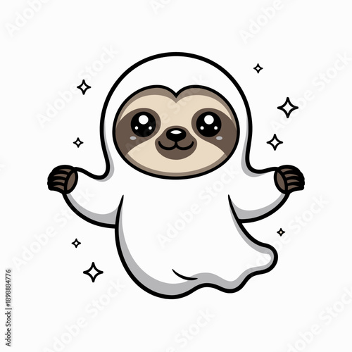 A cute sloth is dressed in a ghost costume, smiling