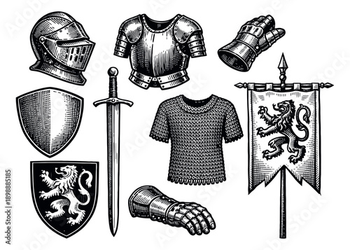 Hand drawn line art medieval knight armor and heraldry set featuring a helmet, shield, sword, armor pieces, and a lion banner for historical and fantasy designs