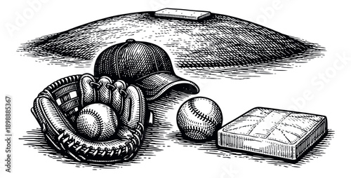 Hand drawn line art baseball equipment set featuring a glove, ball, cap, pitcher's mound, and base for sports activities
