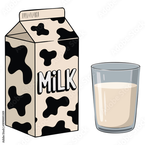 Milk carton with glass illustration isolated on white background suitable for dairy nutrition breakfast food packaging design and healthy living artwork