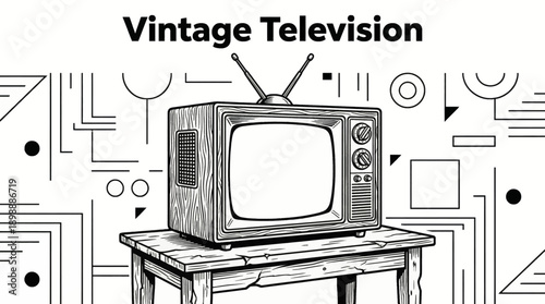 Vintage Television Set Household Object Retro Black and White Background Vector Illustration