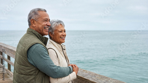 Mixed-race senior couple in vests hugging and smiling on a wooden pier by the ocean.