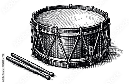 Vintage hand drawn line art illustration of a snare drum with drumsticks depicting a classic percussion instrument for music performance