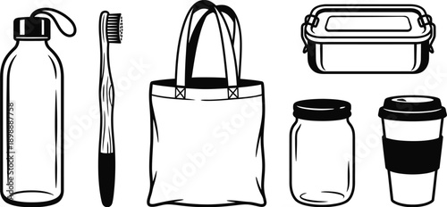 Zero waste lifestyle icons set in flat vector style