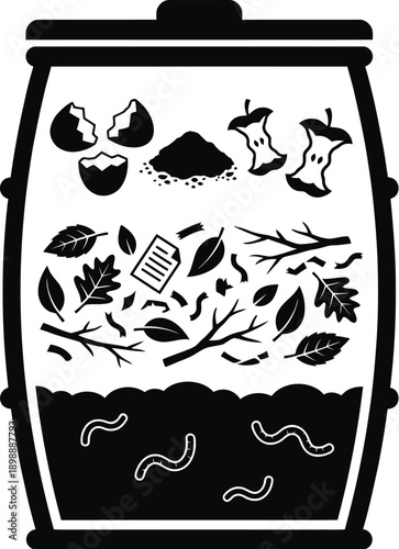 Compost bin with organic waste layers flat vector design