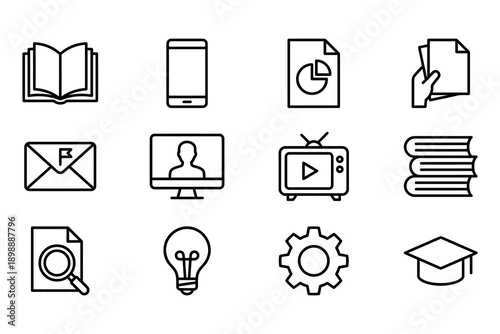 Modern line art icons for digital media and education, featuring an open book, smartphone, chart, documents, email, computer profile, TV, books, magnifying glass, lightbulb, gear, and graduation cap. 