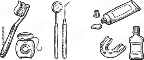 Dental care icons set hand drawn for oral hygiene