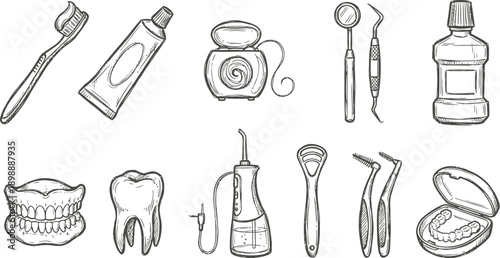 Dental care icons set hand drawn for oral hygiene