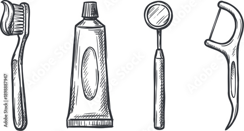 Dental care icons set hand drawn for oral hygiene
