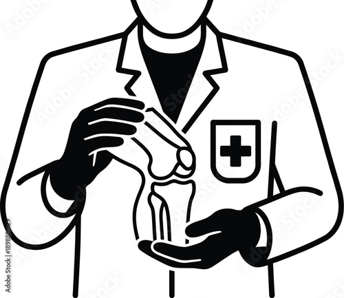 Orthopedic doctor explaining human knee joint model illustration