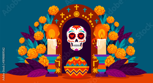 Dia de los Muertos altar illustration vector art with candles and marigolds, vibrant celebration of life