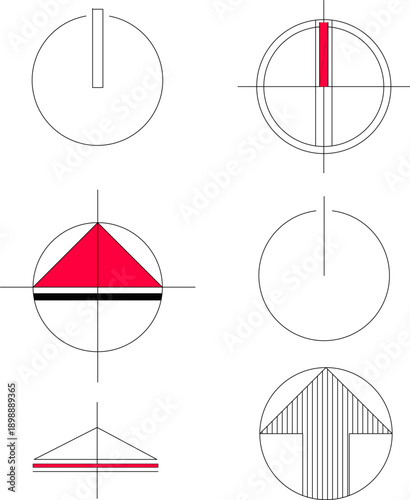 Technical vector illustration of minimalist north arrow symbols, featuring geometric circular designs with bold red and black line accents.