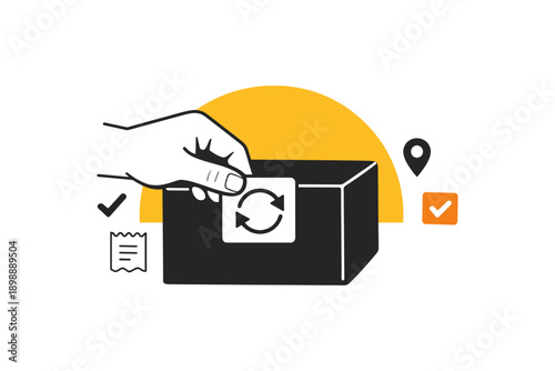 Hand placing refresh symbol on package with location indicators and checklist elements