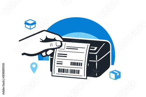Label printer and hand with barcode printout icon illustration
