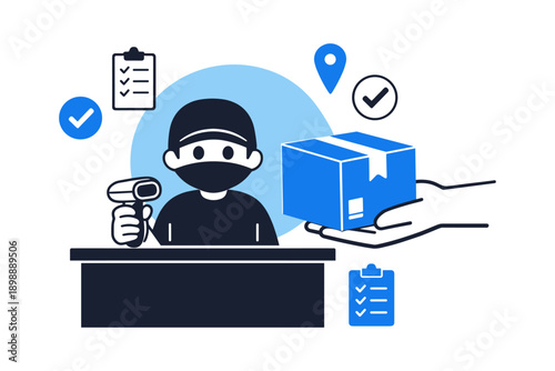 Delivery service concept with worker holding package and scanner