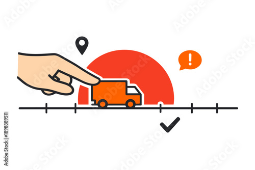 Hand pushing delivery truck on timeline with location and alert icons