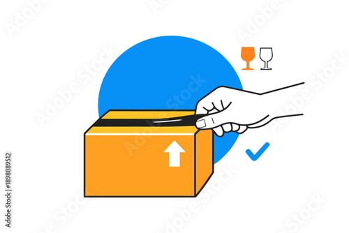 Hand opening cardboard box with tape for delivery and shipping illustration