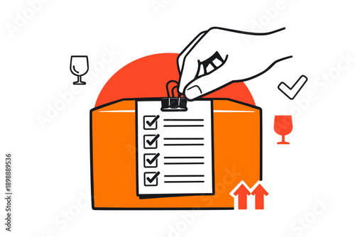 Hand attaching checklist to box with wine glasses and symbols