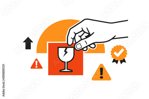 Hand selecting fragile item icon with safety warnings and approval badge