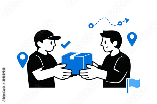 Male delivery exchange with gps icons and package handover