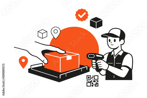 Cartoon courier scanning package with delivery symbols and qr code