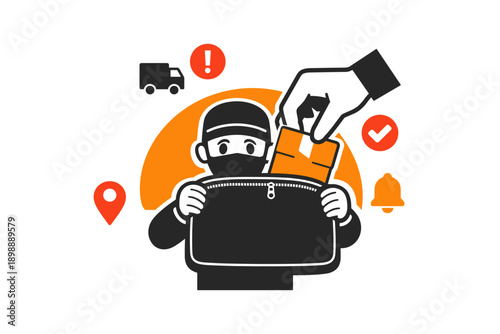Illustrative concept of a thief stealing a parcel from delivery