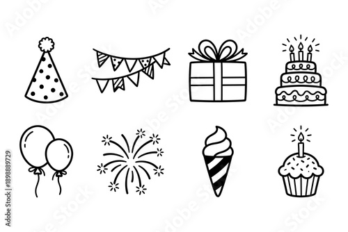 Hand-drawn doodle icons celebrating birthdays and parties, including a party hat, balloons, gift, cake, and fireworks. Vector Icon Bundle