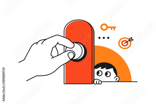 Illustrated scene of curiosity and discovery with child peeking around door