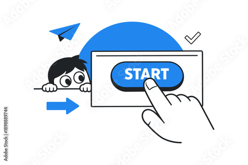 Hand pressing start button illustration with curious child in blue and white cartoon style
