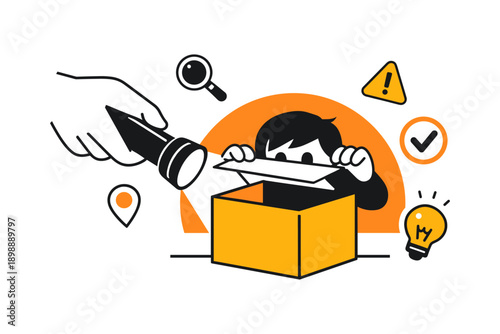 Cartoon character peeking into box with exploration icons and search elements