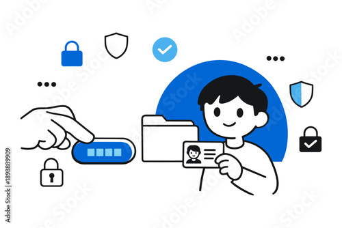 Cartoon of asian male child with id card and security icons
